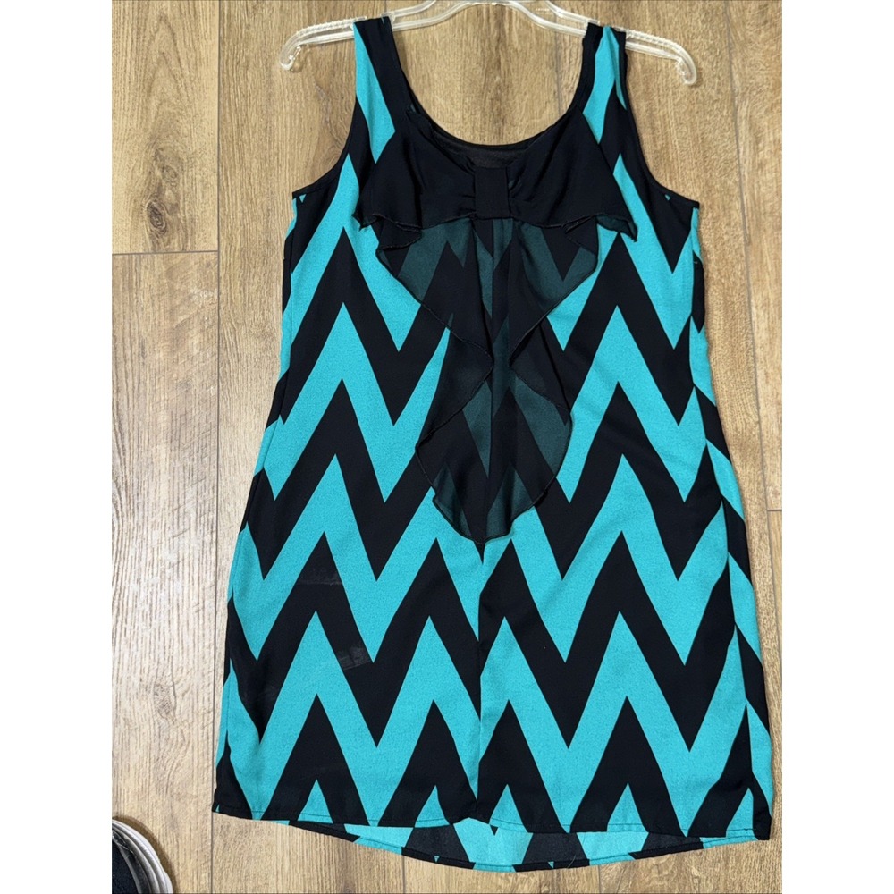 A. Byer Mini Dress Women's Black And Teal Sleeveless Chiffon Ruffled Shift - Picture 3 of 4